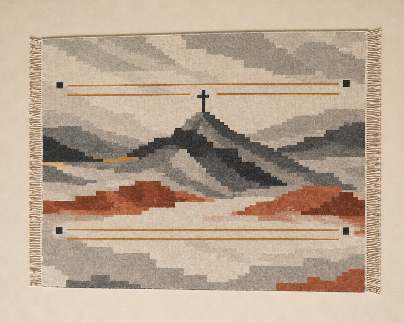 Cristo Rey Balanced Tribute cotton jacquard woven throw displayed horizontally with the mountain and summit cross upright