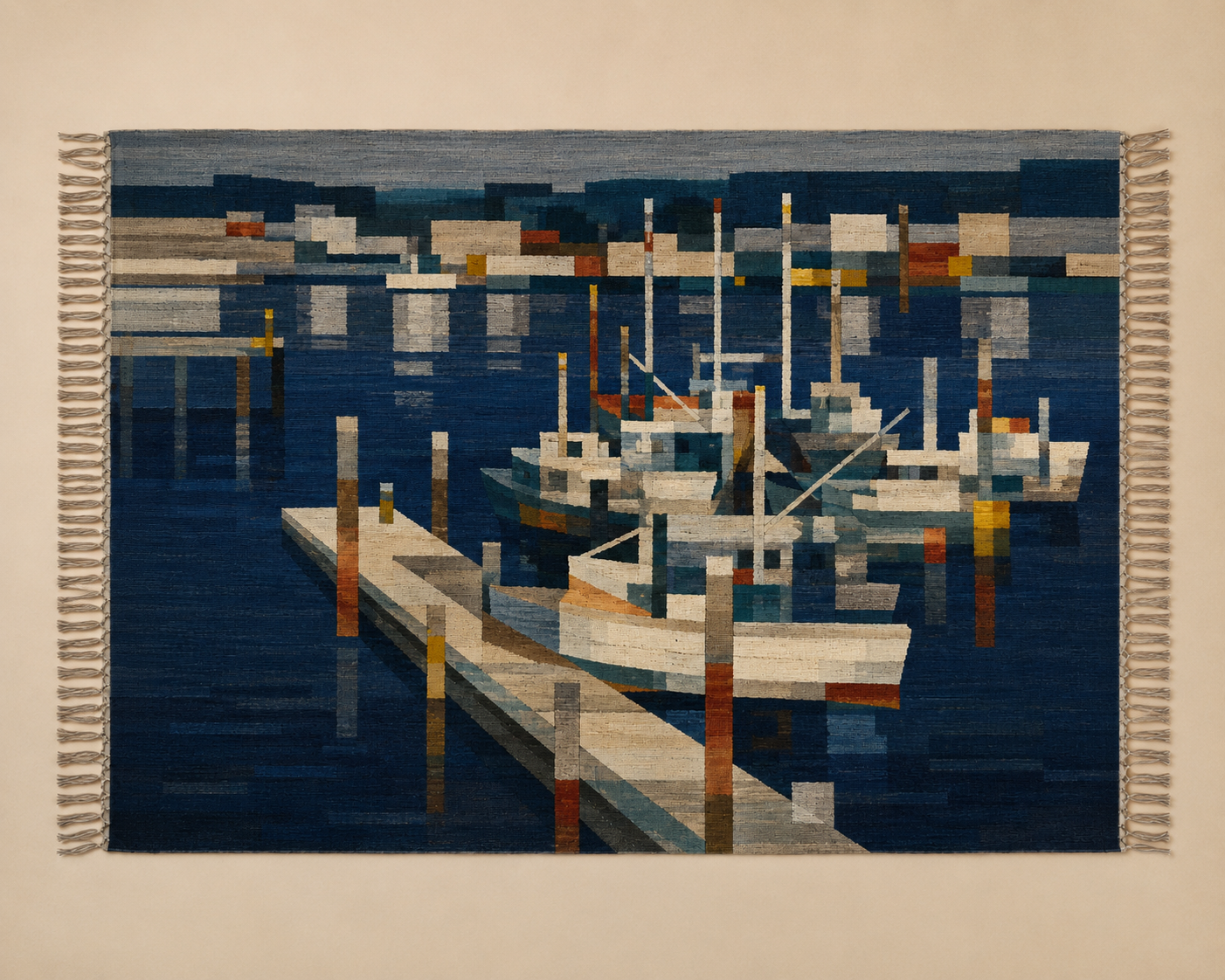 Complete Harbor Ledger cotton jacquard woven throw with all four margins and both fringed ends fully visible