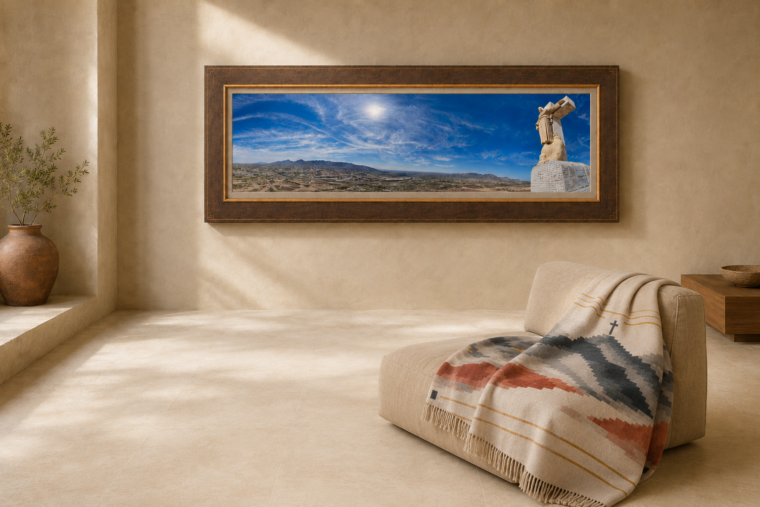 Borderlands photograph and woven companion shown together in a warm refined interior