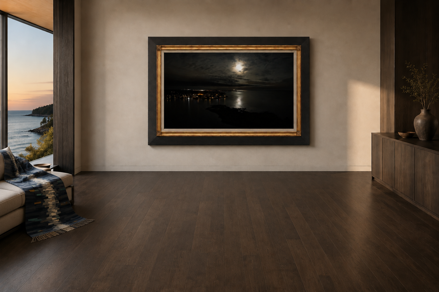 Moon Road framed above a console with the Silver Passage woven throw in a quiet guest-room interior
