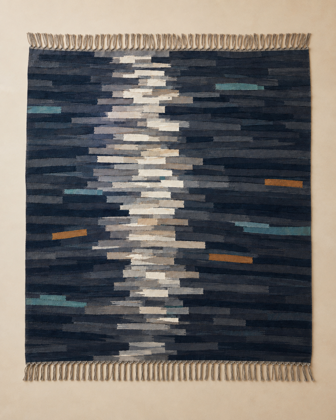 Complete Silver Passage cotton jacquard woven throw with all four margins and both fringed ends fully visible